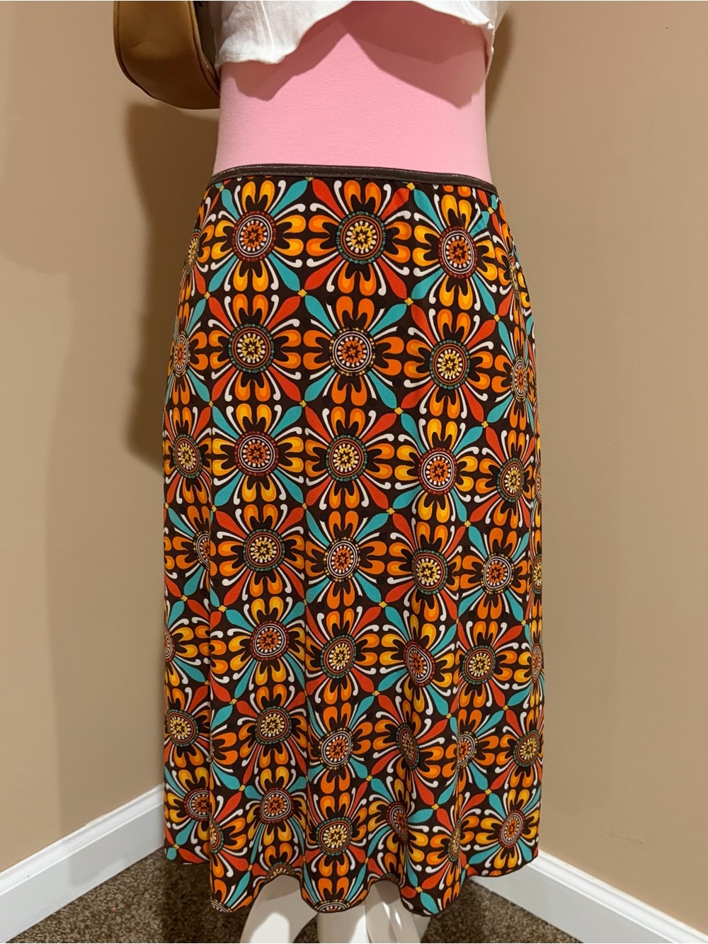 Retro Floral Midi Skirt in Orange, Teal and Black